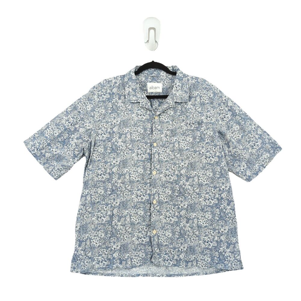 ALBAM Men XL Camp Shirt Thompson Navy Blue Floral Collar Print Lightweight